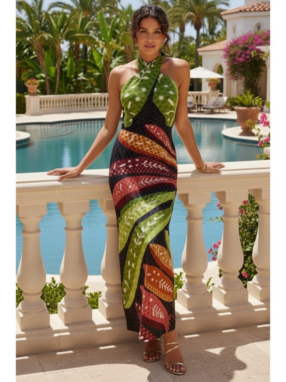 Tropical Island Wrap Halter Neck Open Smocked Back Sleeveless Slit Midi Dress